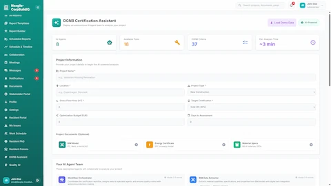 DGNB Certification Assistant - Project setup with AI agent team, BIM model upload, and target certification level selection