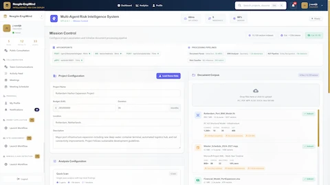 Mission Control for project configuration and multi-document ingestion with real-time extraction metrics for comprehensive risk analysis