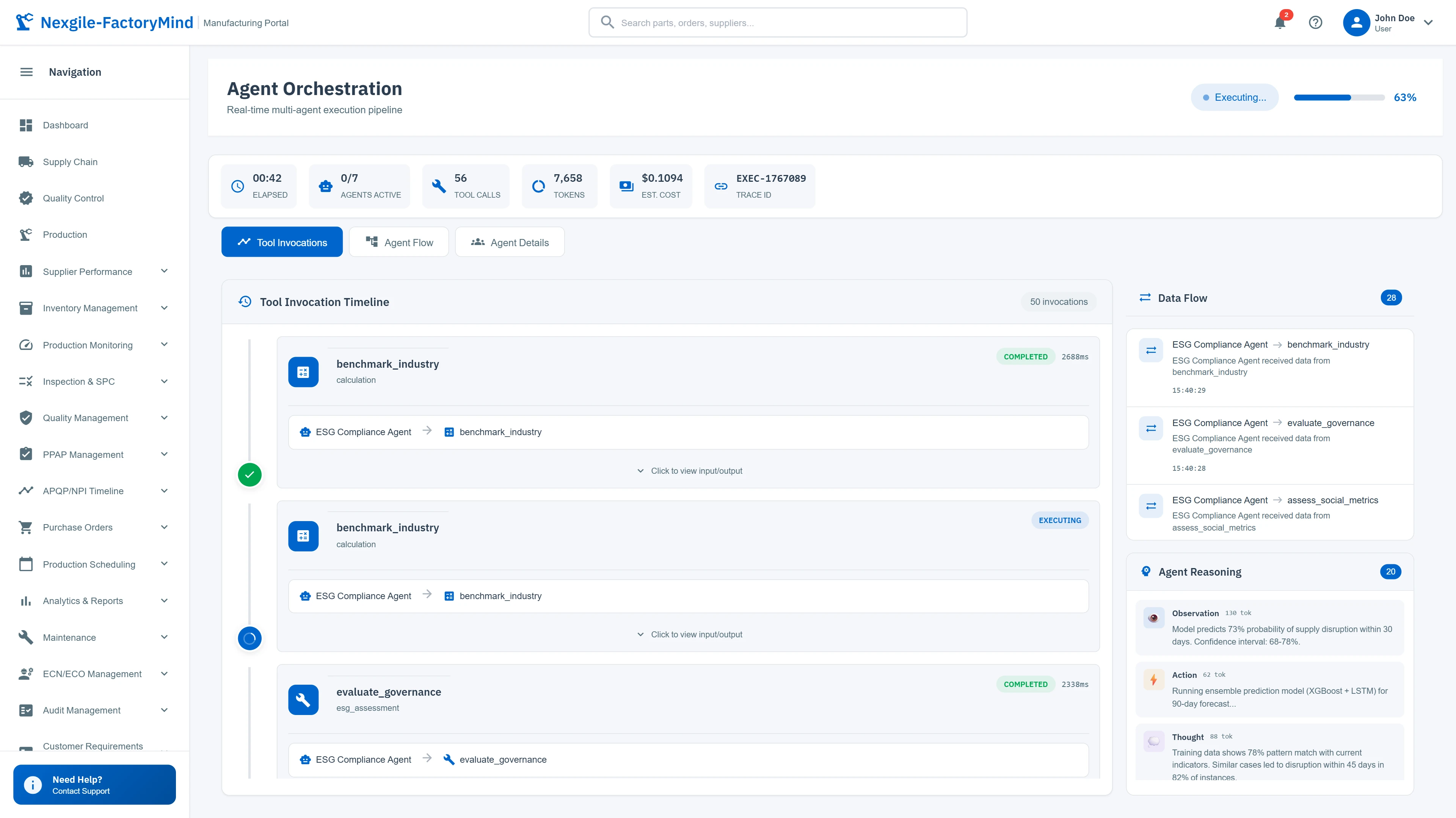 Real-time agent orchestration with tool invocation timeline and AI reasoning transparency