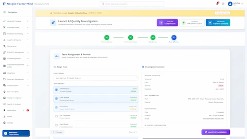 Quality investigation setup wizard with team assignment and IATF 16949 compliance