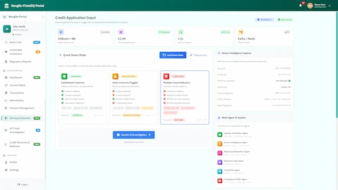 Credit Application Input - AI-powered fraud detection workflow with risk profile selection, device intelligence capture, and multi-agent system overview