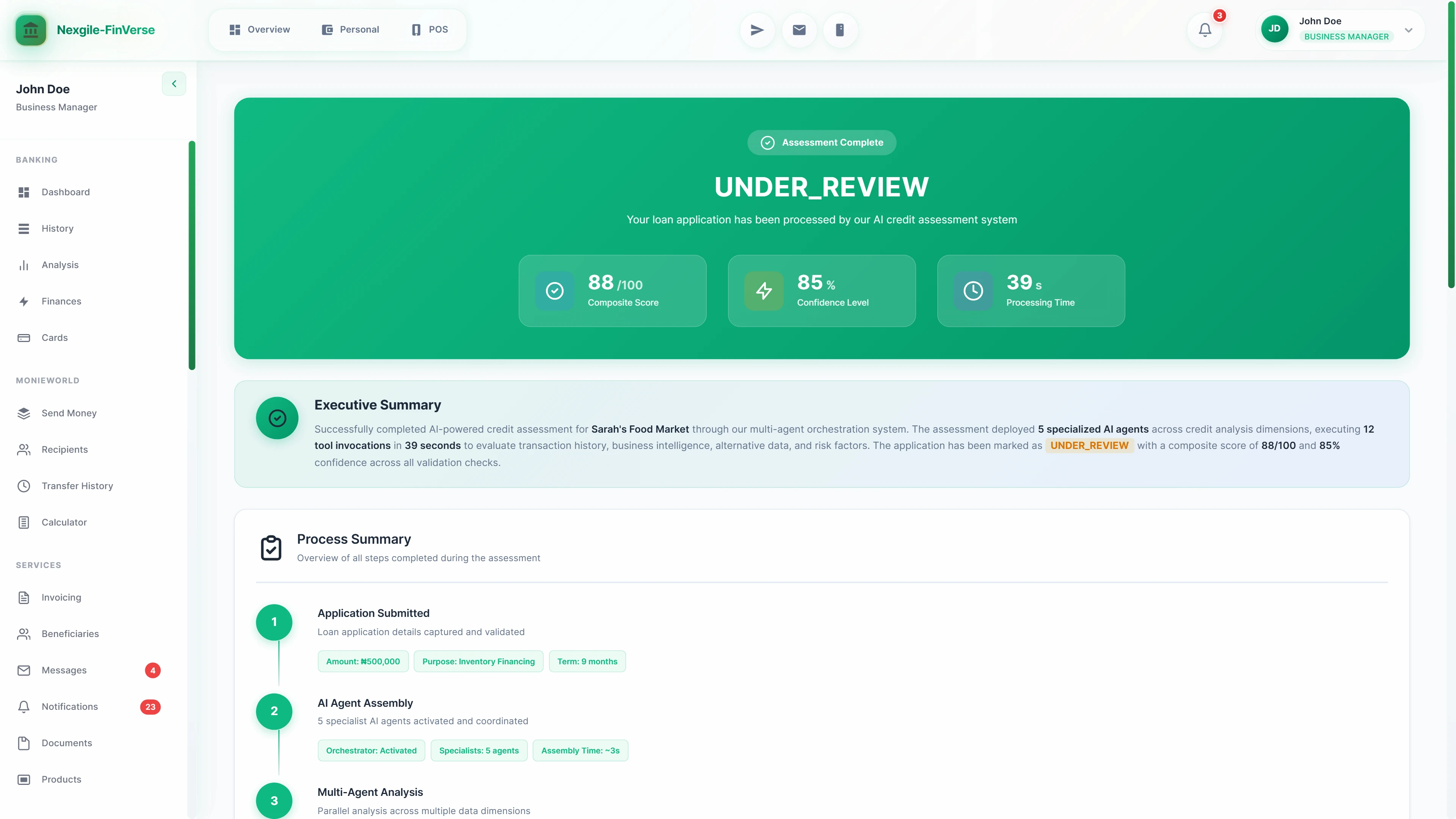 Assessment complete screen showing UNDER_REVIEW decision with composite credit score (88/100), 85% confidence level, 39-second processing time, executive summary of 5 specialized AI agents analysis, and step-by-step process timeline from application to multi-agent analysis