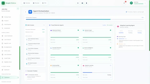 Agent Orchestration view showing six fraud detection agents (Behavioral Pattern, Network Graph, Anomaly Detection, Device Intelligence, Contextual Risk, Adaptive Learning) with RAG context retrieving 2,034 documents from transaction history, fraud pattern database, and ML model ensemble data sources