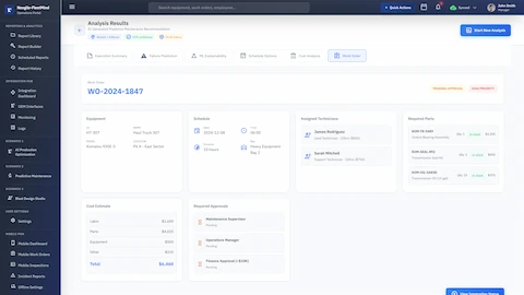 Work Order generation screen displaying AI-generated maintenance work order with equipment details, optimized scheduling, assigned technicians with labor costs, required parts inventory with pricing, itemized cost estimates, and multi-level approval workflow status.