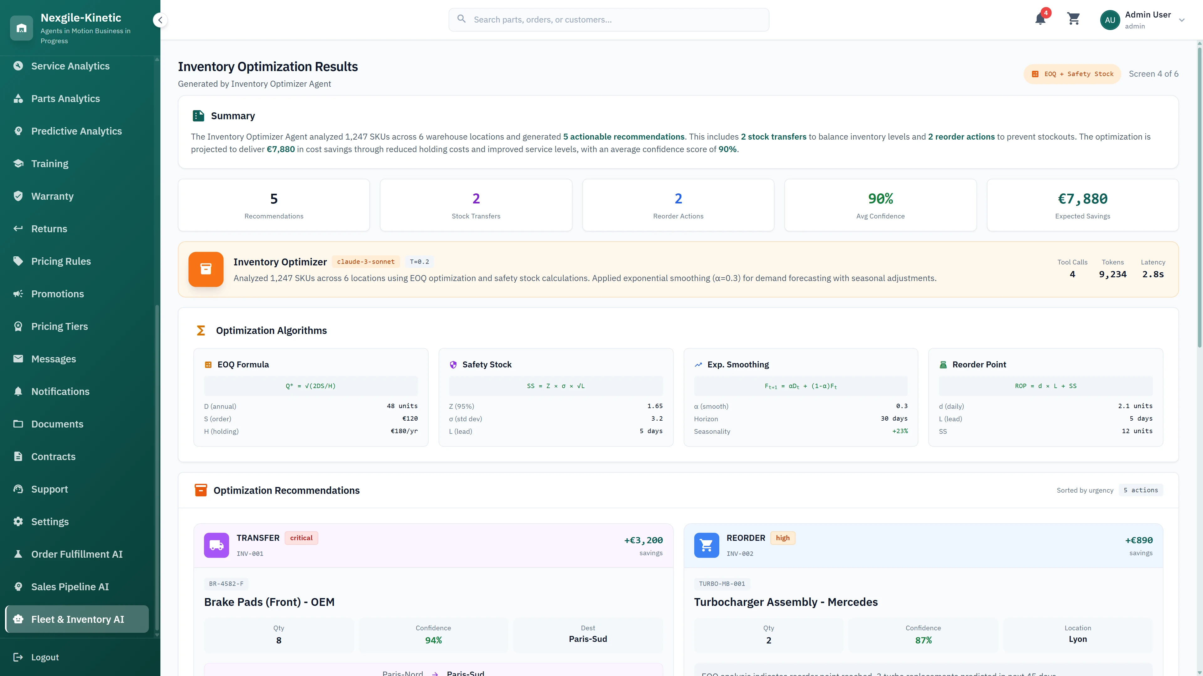 Inventory Optimization Results - EOQ calculations, safety stock recommendations, and automated procurement suggestions with projected savings