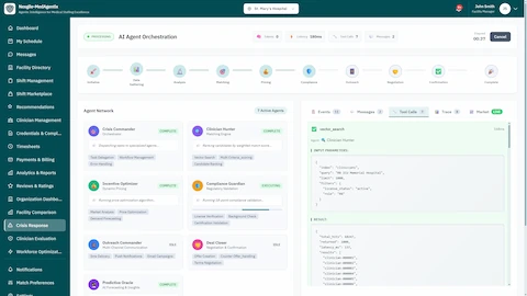 AI Agent Orchestration - Seven specialized agents (Crisis Commander, Clinician Hunter, Incentive Optimizer, Compliance Guardian, Outreach Commander, Deal Closer, Predictive Oracle) working in parallel with real-time tool execution