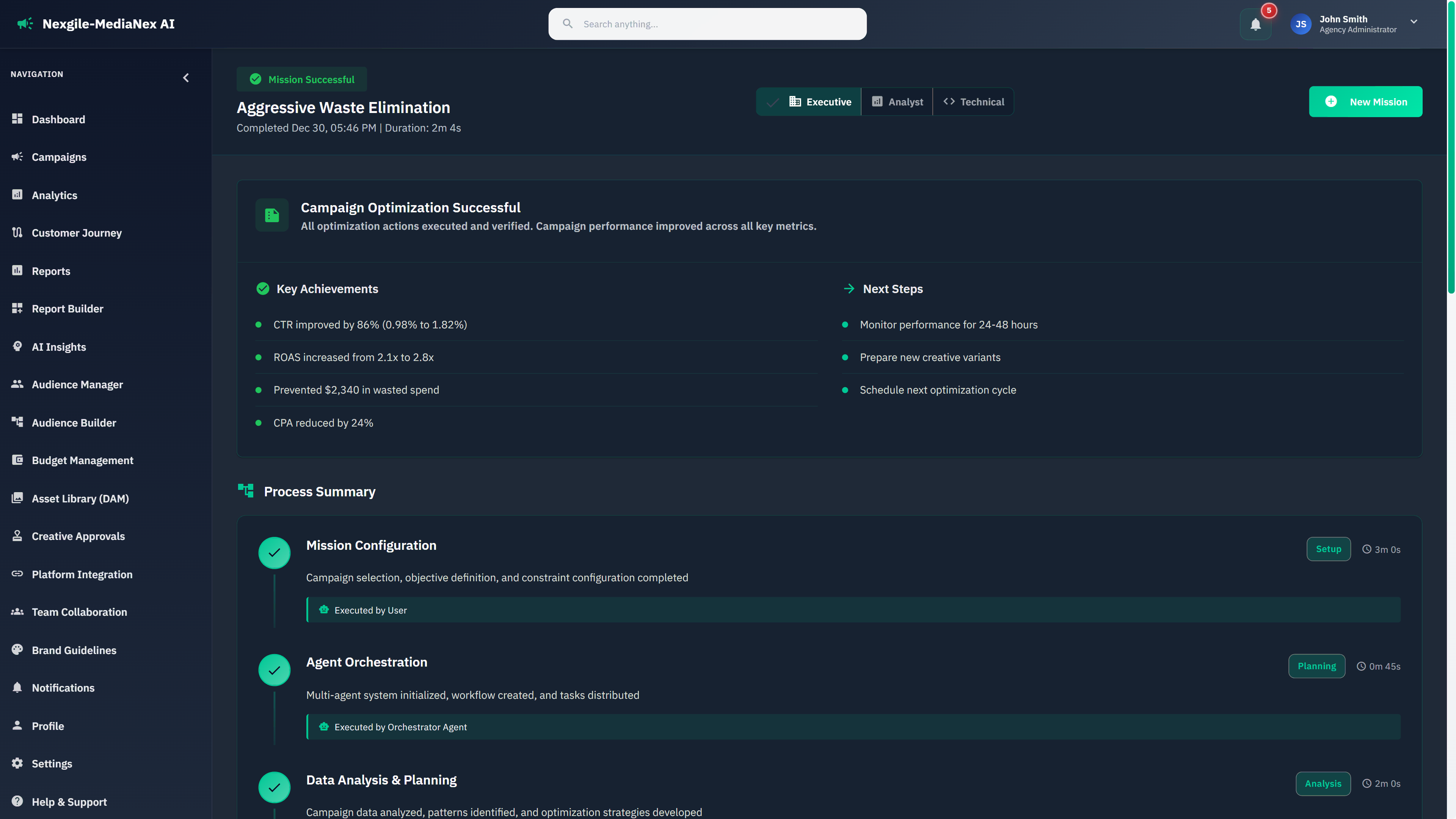 Mission success summary displaying key achievements and process execution timeline