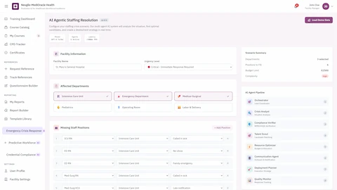 Crisis Configuration - Facility information, affected departments selection, missing staff positions, and AI agent pipeline activation