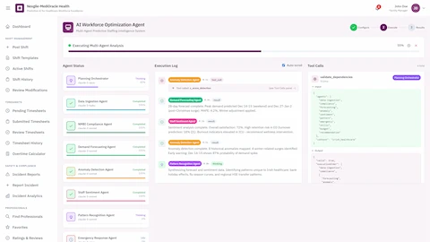 Multi-Agent Execution - Agent status tracking, execution log with demand forecasting and sentiment analysis, and real-time tool calls code display