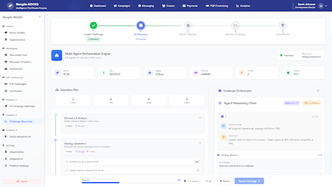 Multi-Agent Orchestration Engine - AI Planning phase showing execution plan with phases, tasks, and challenge orchestrator with agent reasoning chain