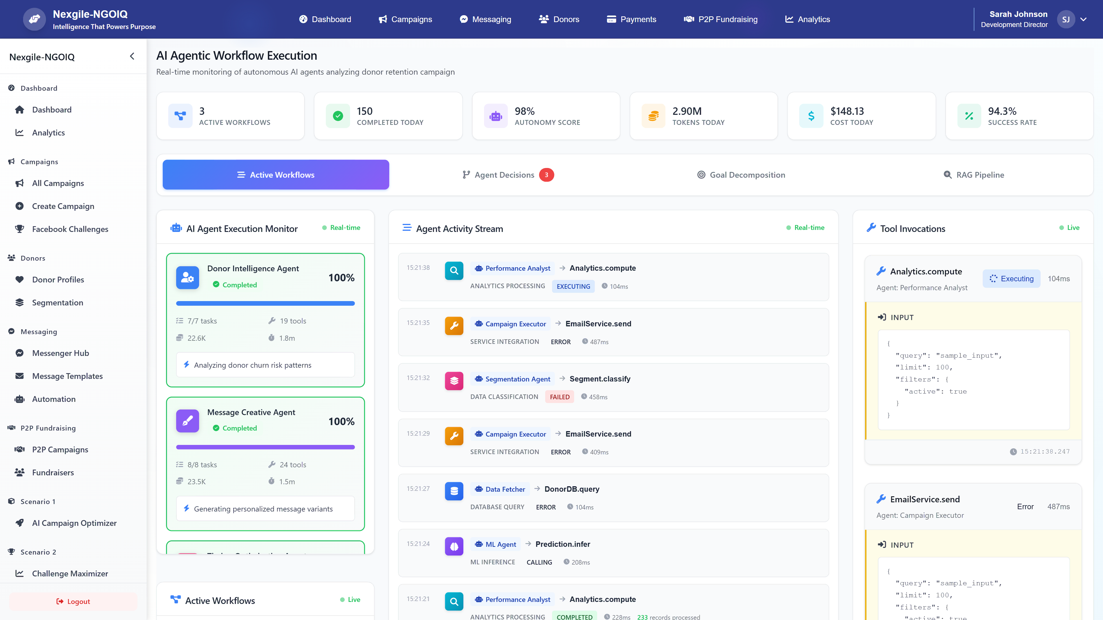 AI Agentic Workflow Execution - Real-time monitoring of autonomous AI agents with execution status, agent activity stream, and live tool invocations