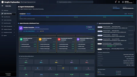 AI Agent Orchestration - Hierarchical multi-agent validation system with Decision Committee (Meta Tier) coordinating Credit Risk, Compliance, Fraud Detection, and Enhanced Due Diligence supervisor agents with real-time observability metrics and distributed trace visualization
