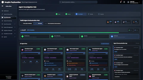 Agent Investigation Hub - Real-time multi-agent orchestration dashboard showing 11 deployed agents (Coordinator, Data Collection, Risk Analysis, Fraud Detection, Network Analysis, Compliance, Behavioral Analysis) with workflow phases, resource metrics, and live agent communication log