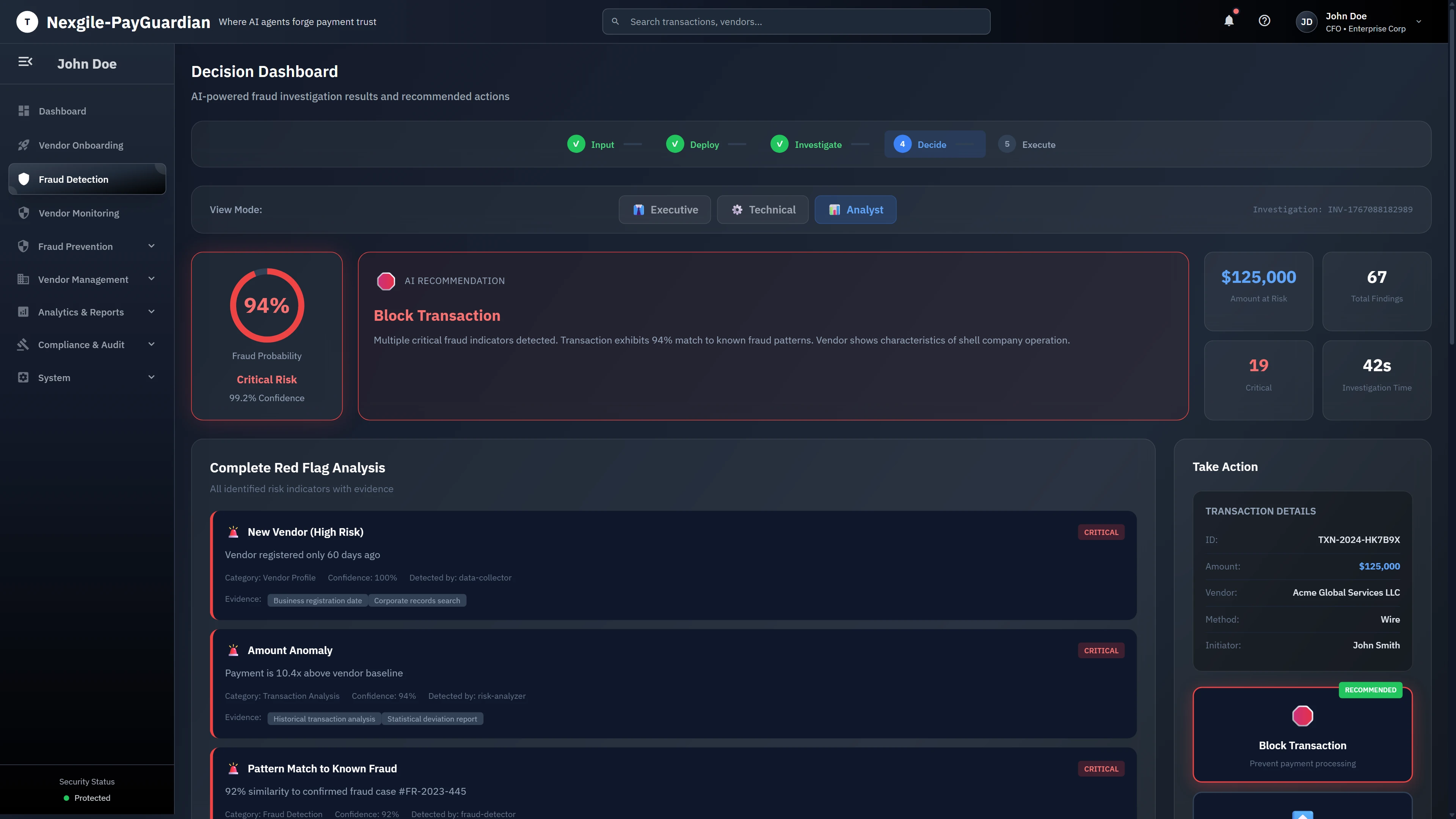 Complete Red Flag Analysis - Analyst view displaying all identified risk indicators including New Vendor (High Risk), Amount Anomaly (10.4x baseline), Pattern Match to Known Fraud (92% similarity), with transaction details and recommended protective action