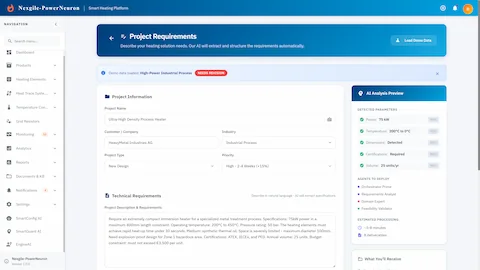 Project Requirements input form with natural language specifications and AI parameter detection.