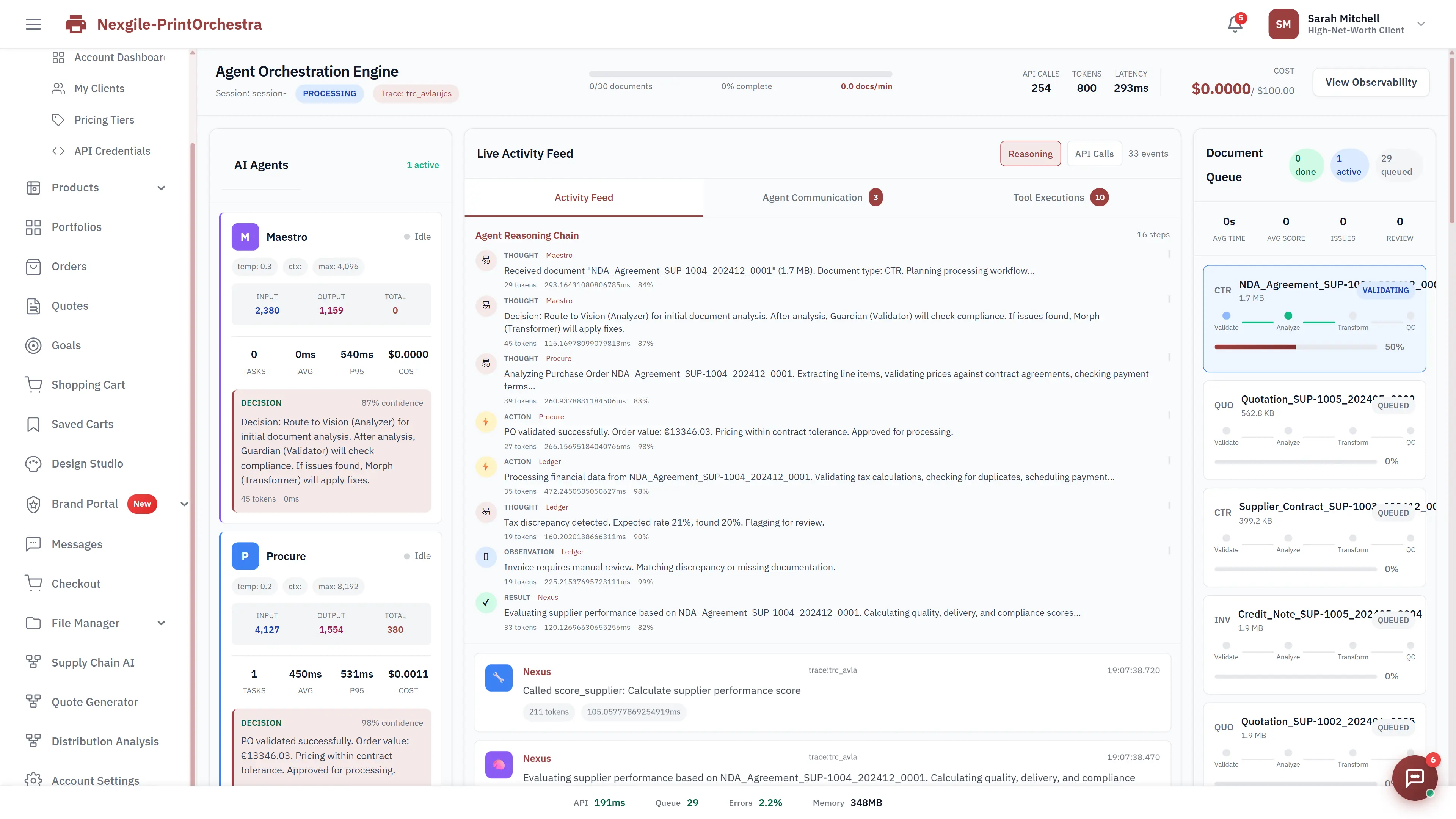 Agent Orchestration Engine displaying live activity feed with Maestro and Procure agents' reasoning chain, decision-making with confidence scores, document validation actions, and real-time document queue status.