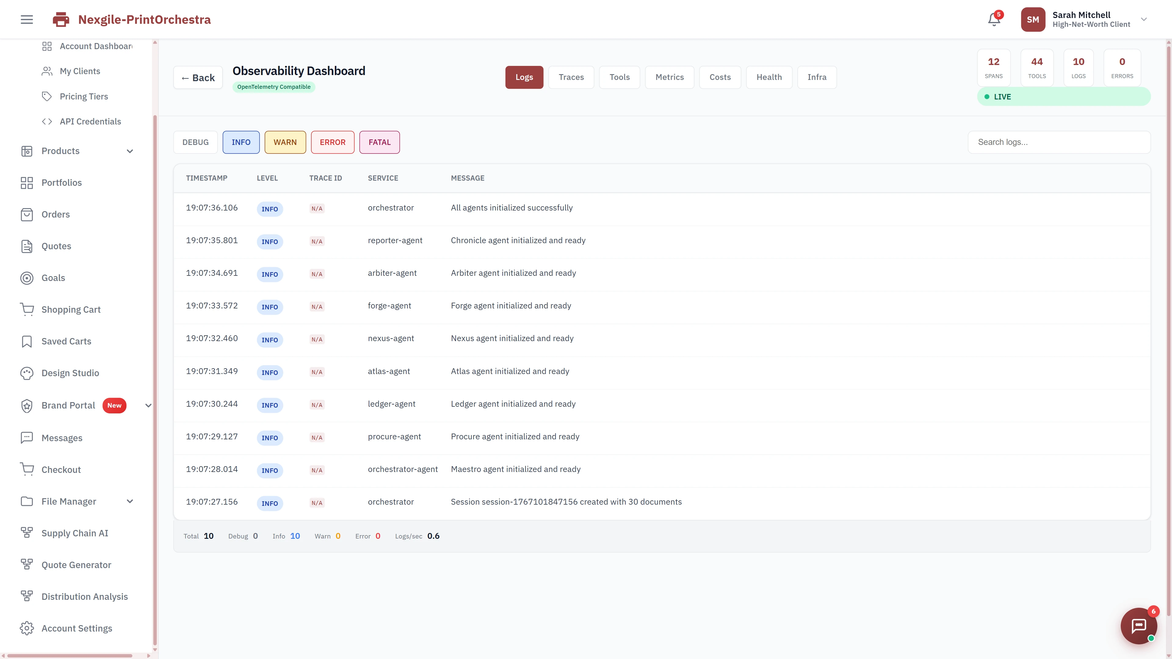 Observability Dashboard with OpenTelemetry compatibility showing system logs, agent initialization status, timestamps, trace IDs, and service messages for all 8 specialized agents.