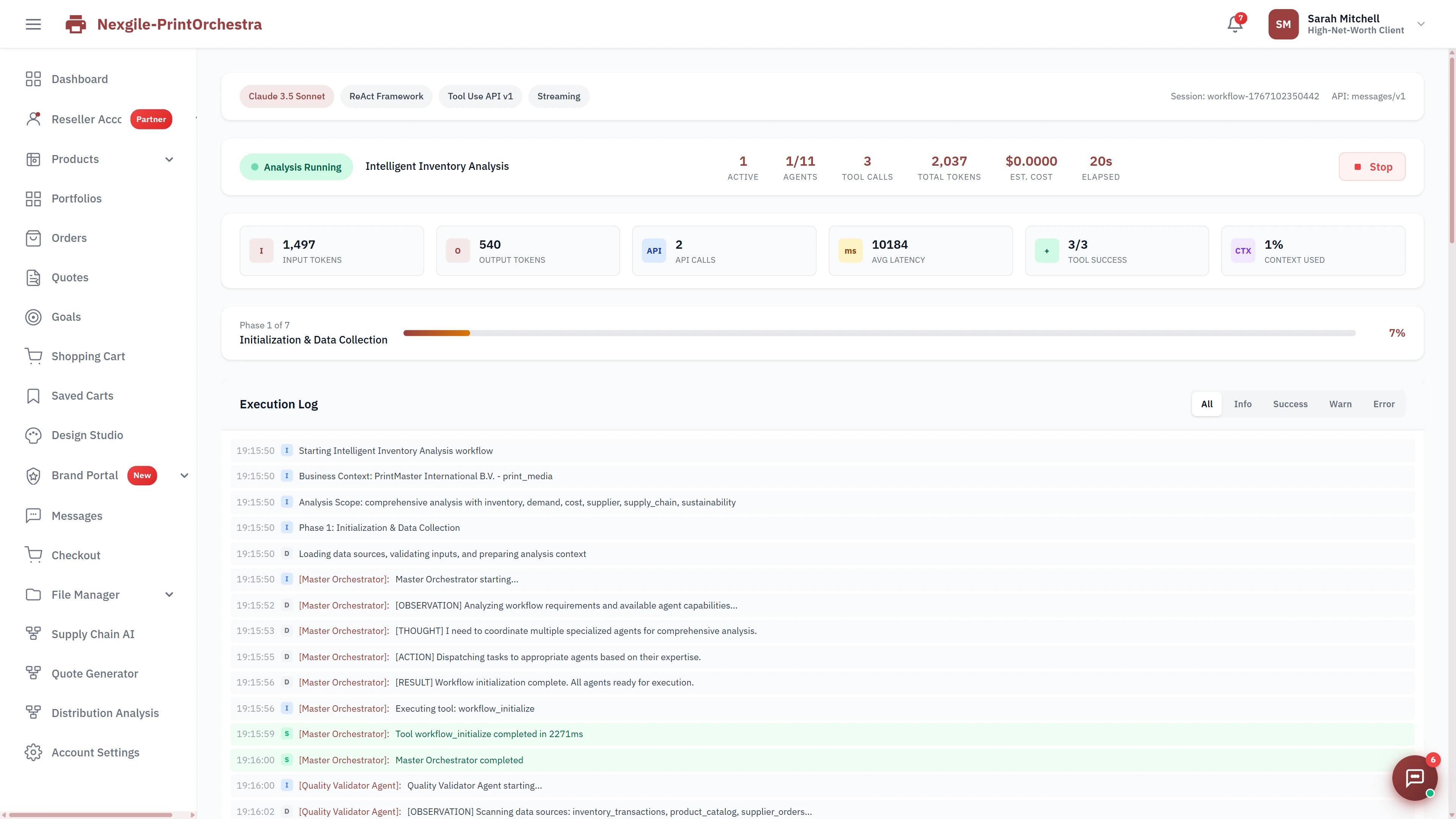 Analysis running view showing Phase 1 of 7 (Initialization & Data Collection) with live execution log, Master Orchestrator reasoning steps, and Quality Validator Agent processing inventory transactions and supplier data.