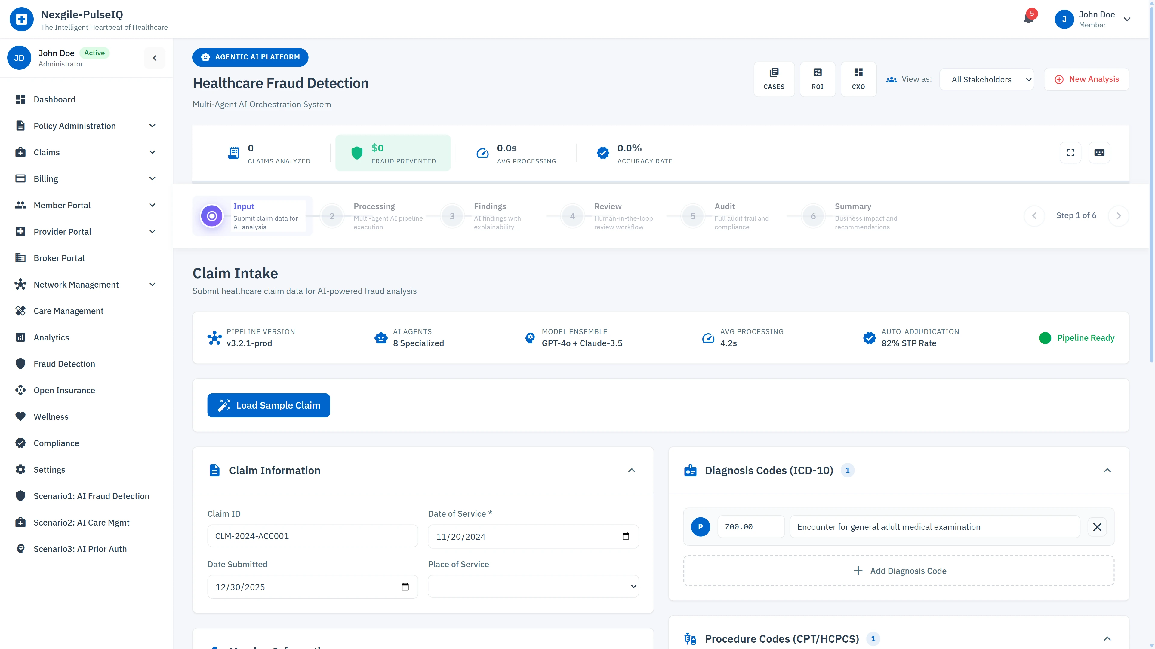 Claim Intake - Submit healthcare claim data for AI-powered fraud analysis with 8 specialized agents