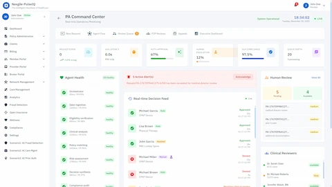 PA Command Center - Real-time operations dashboard with performance metrics, agent health monitoring, decision feed, and human review queue management