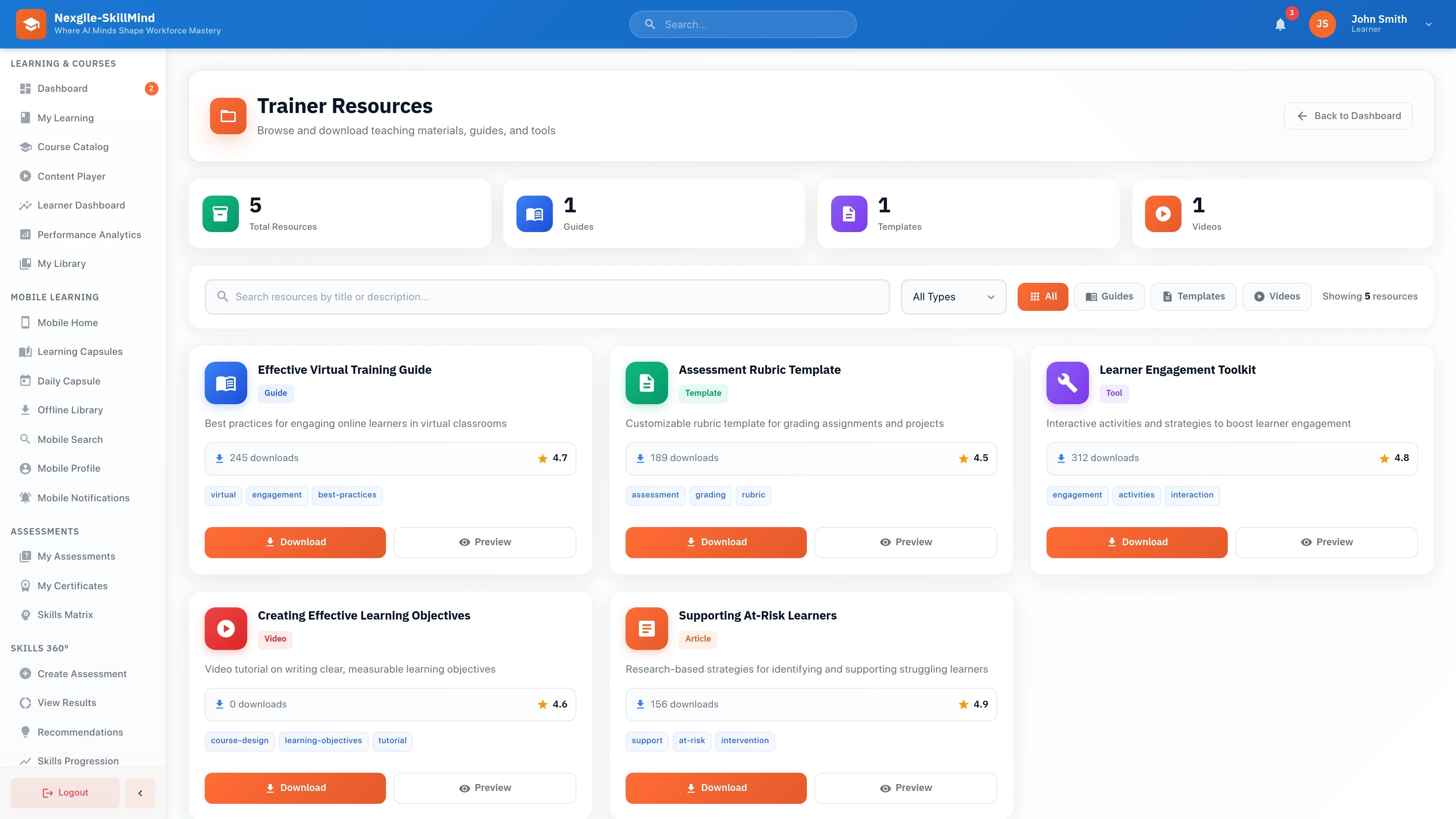 Trainer Resources Portal - Training materials, course content library, and resource management interface for trainers