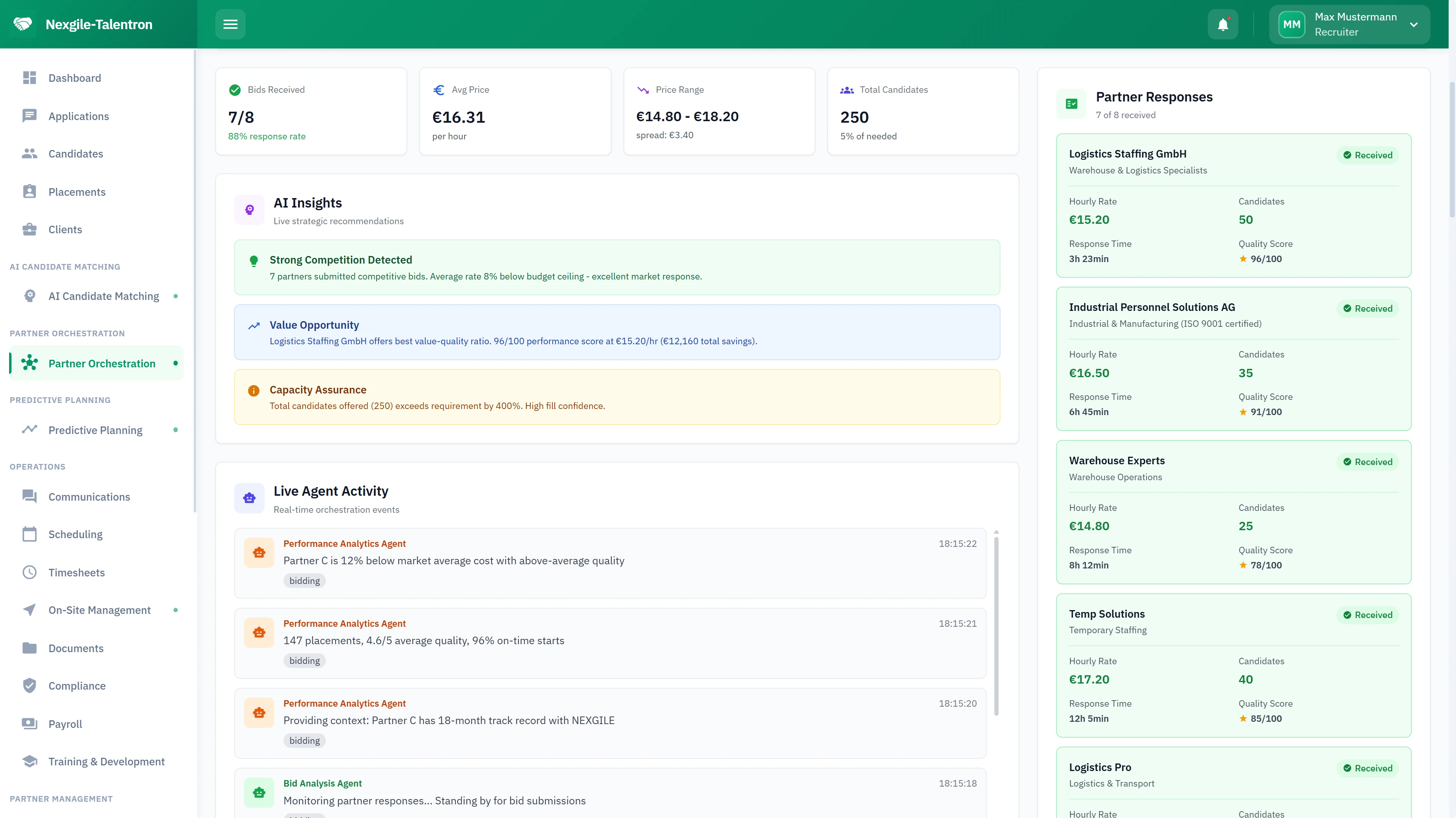 Live Agent Activity - Partner bid responses with AI insights, quality scores, and real-time collection status