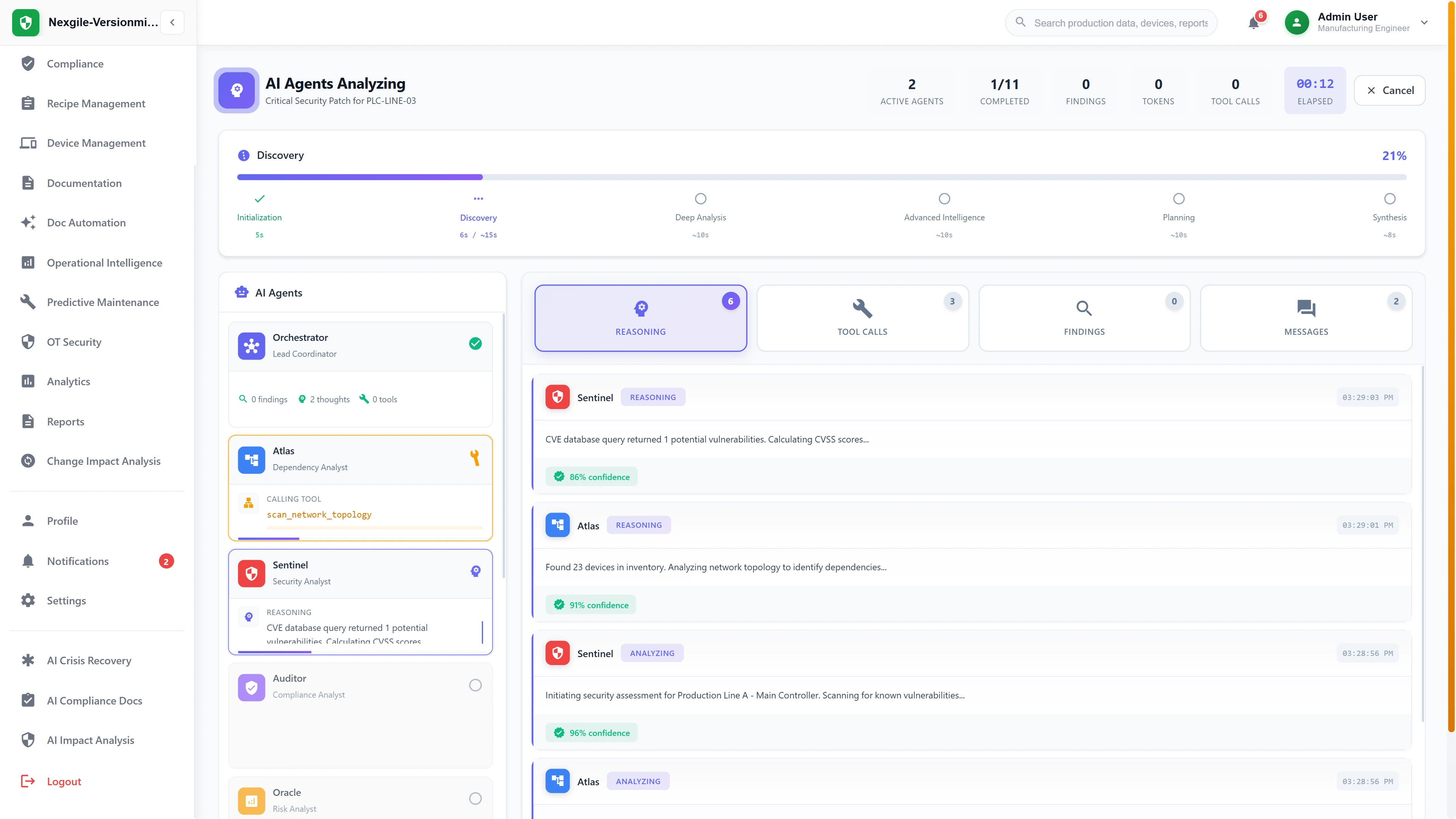 Live multi-agent analysis execution showing real-time agent reasoning, tool invocations, and dependency mapping across 6 workflow phases