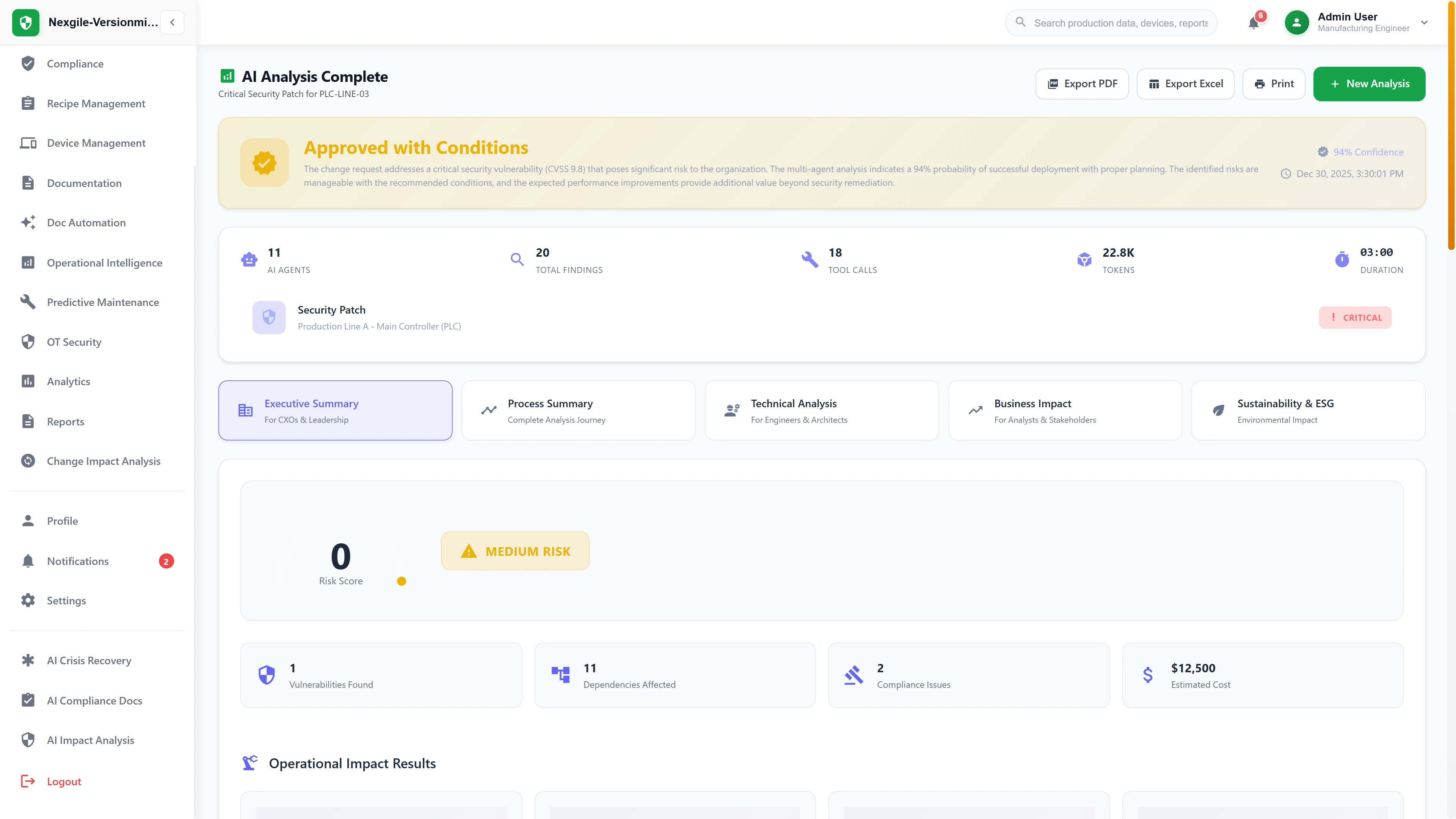 Comprehensive analysis results with approval decision, risk assessment, and multi-dimensional impact reports for stakeholder review
