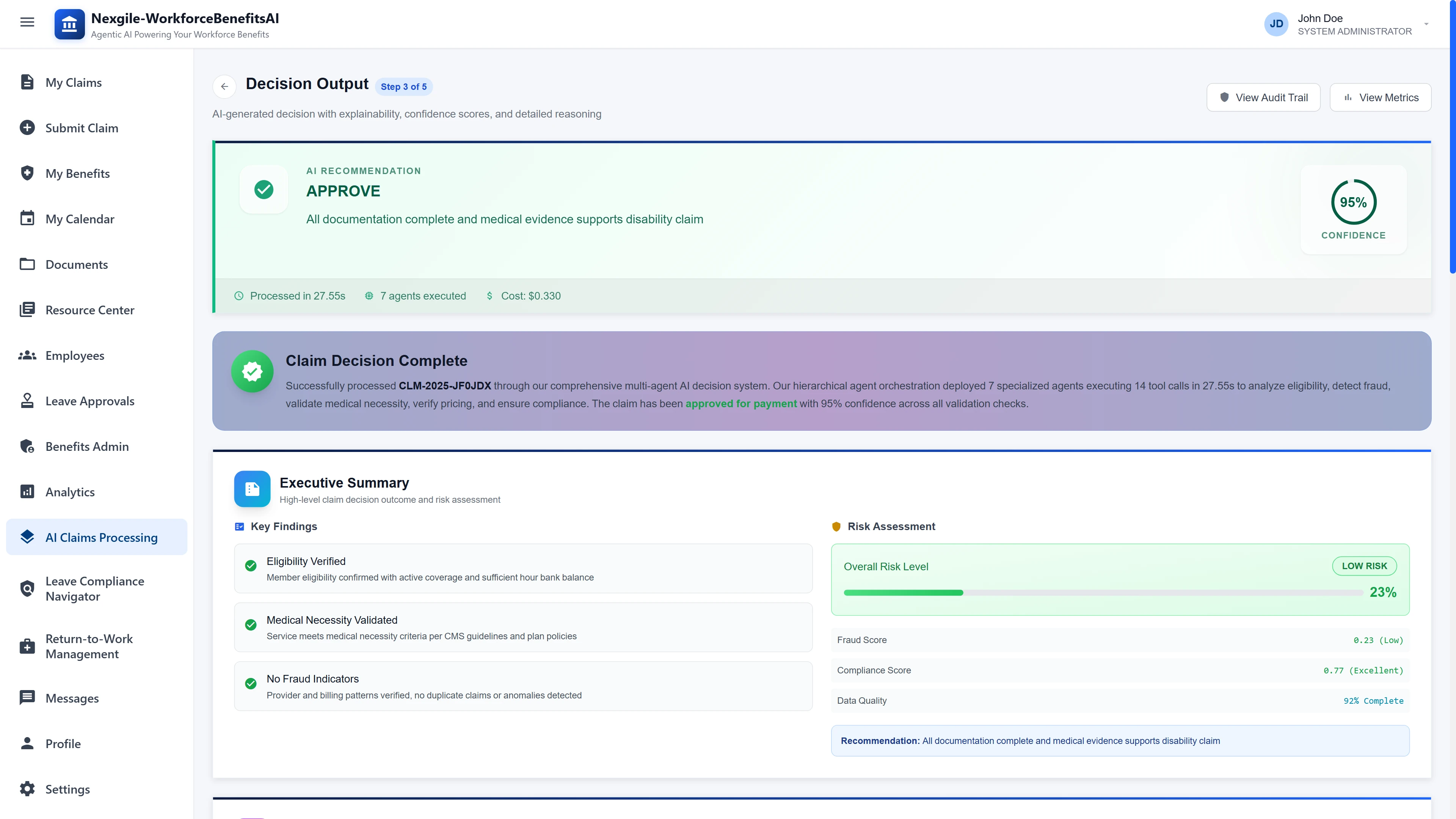 Decision Output Interface - AI-generated claim recommendation with 95% confidence score, executive summary displaying key findings including eligibility verification, medical necessity validation, fraud analysis, and risk assessment at 23% (low risk)
