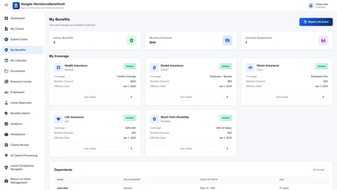 My Benefits page - Employee benefits overview and management interface